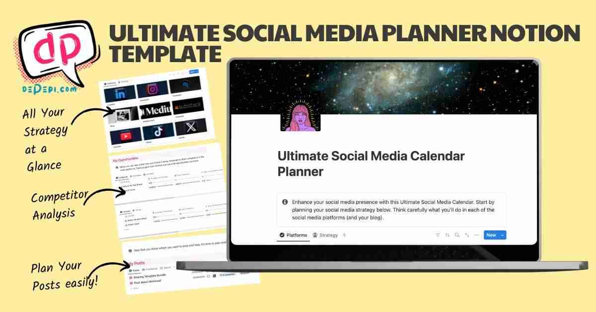 social media marketing, social media strategy, notion template, social media planner template