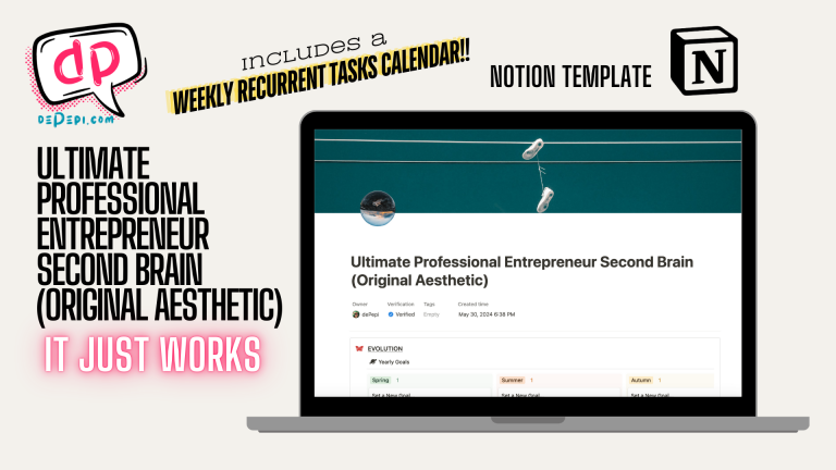 Ultimate Professional Entrepreneur Second Brain (Original Aesthetic + Recurrent Tasks Weekly Calendar — 40% off until Friday!)